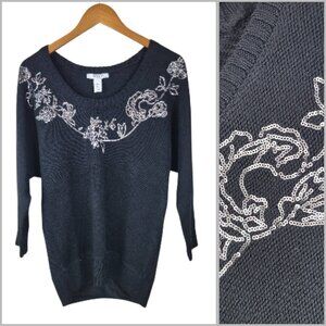 White House Black Market Small Floral Sequin Sweater WHBM Dolman Sleeve Black